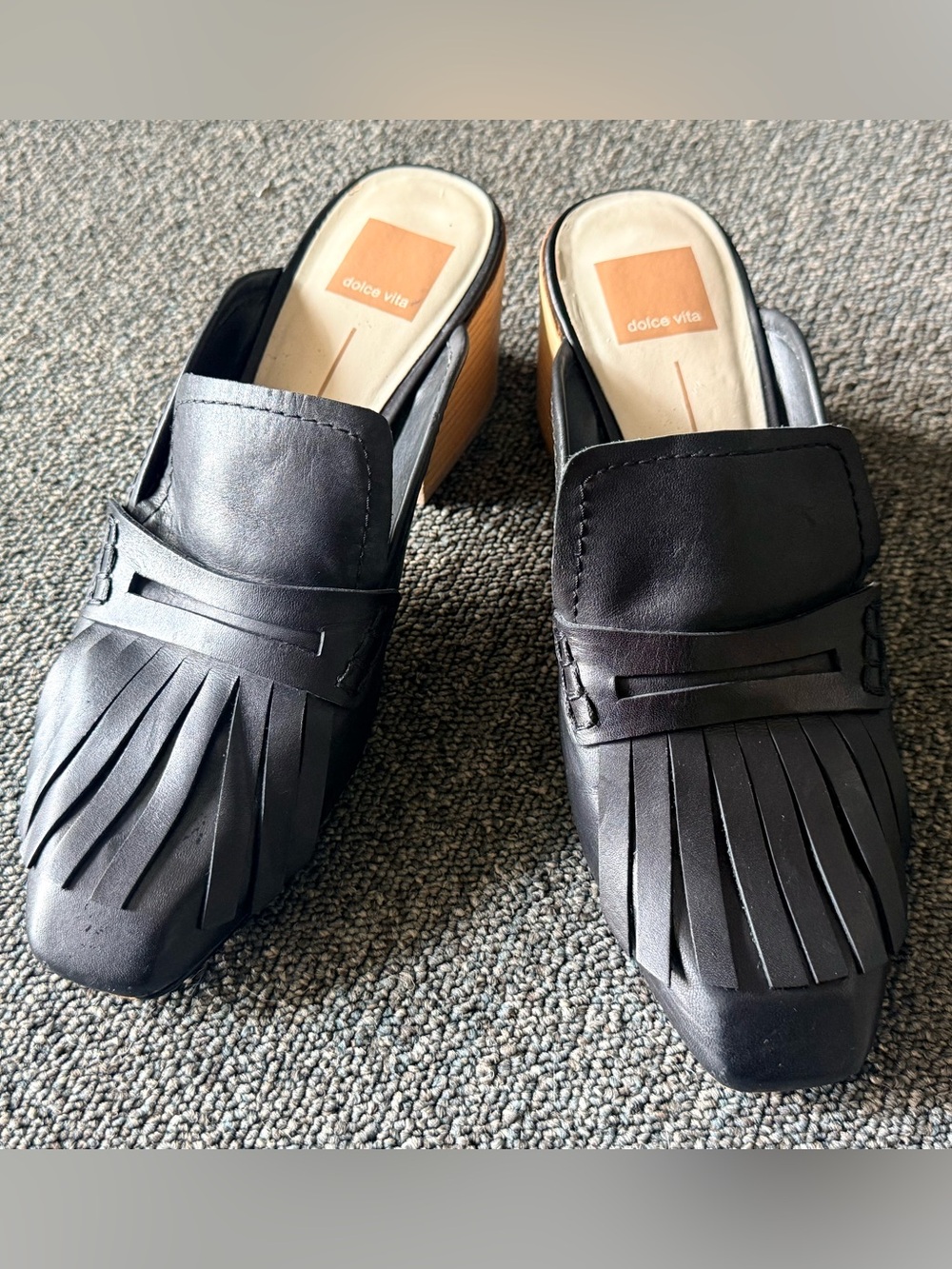 Dolce Vita Black Leather Fringe Mule with Stacked Tan Heel